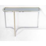 R.Rega style console. chromed metal and brass, glass top tinted demilune not contemporary. Years