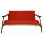 Brothers Reguitti, mod. "Lord." 50s. Beech wood sofa and original fabric upholstery.130 x 78 x 52