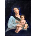 Oil pain on canvas depicting the Nursing Madonna with child. Late 19th century. H 86x63 cm. In