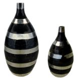 Pair of vases, Italian production. Wooden decorated in chrome-plated metal bands along the surface,