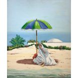 Oil paint on canvas depicting naive Arab woman on the beach, Drago Angelo (Catania Catania 1930-