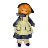 Lenci doll, Turin, Italy, in 1990 ca. Handmade with trousers and white dress with blue stripes,