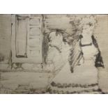 Ink drawing on paper depicting man and woman, Mino Maccari (Siena, 1898 - Rome, 1989), 53. Signed