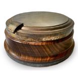 Italian Production, compost in a circular base form of walnut and silver metal lid, Wear and tear.