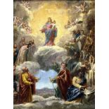 Oil paint on canvas depicting the Madonna celebration in Heaven between the Angels and Saints,