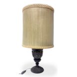 Metal table Lume with depiction of puttos in the round. 20th century. Cylindrical lampshade.