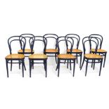 8 Thonet chairs, 214 model. Label manufacturing. In bentwood steam and sitting in cane, dark blue