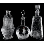 n Group of 3 glass bottles and crystal, 20th century. Various sizes and shapes. adapted plugs.
