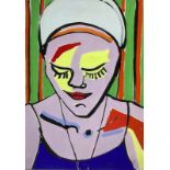 Acrylic on paper Woman with necklace closes his eyes, Luciano Castelli (1951, Lucerne,
