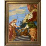 Oil paint on canvas depicting Venice enthroned with Justice and Peace, by Paolo Veronese. Signed on