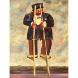 Oil paint on canvas depicting man on stilts, Franz Borghese (Rome 1941- Rome 2005).Signed on the