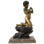 Bronze patinated gold depicting Neapolitan street urchin with fish. Marble Base. H cm 48. Signed V.5