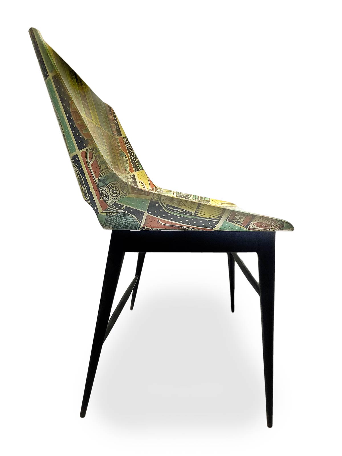 Bench in curved plywood, feet in black lacquered wood surface decorated in the style Decalage - Image 4 of 5