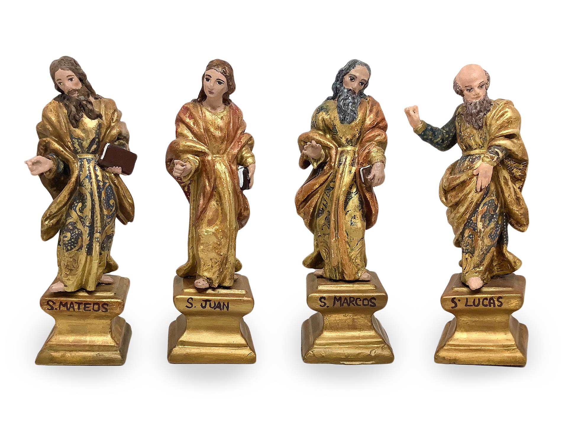 Four polychrome wooden sculptures depicting the four evangelists. Spain, eighteenth century. H 21