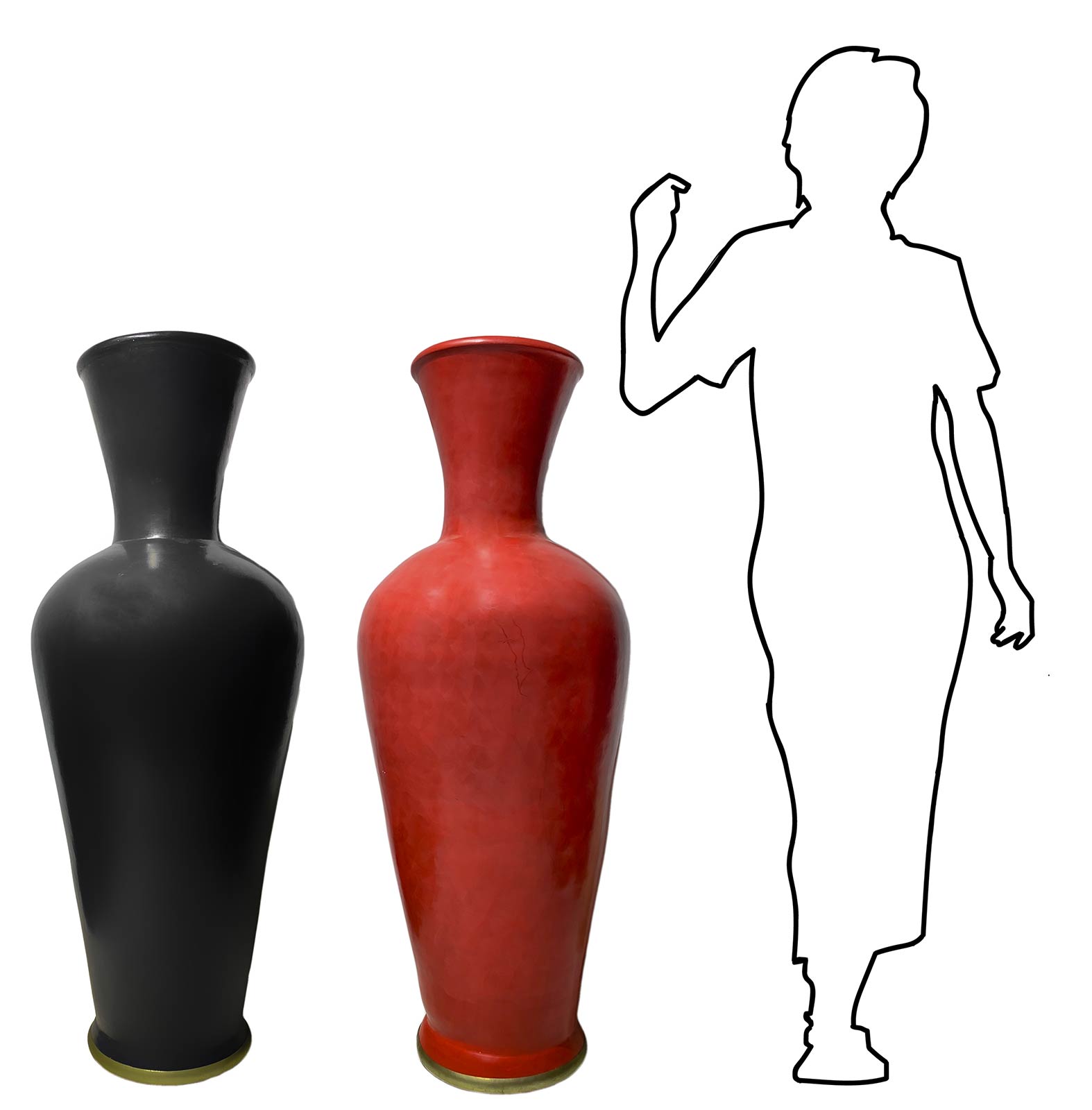 Pair of large baluster vases in black clay and red apple, Italian production in the style of