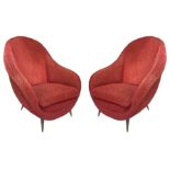 ISA Bergamo, pair of armchairs, wooden frame, brass feet, covered with red teddy original period.