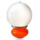 Stilux Milan, table lamp in orange glass, spherical glass diffuser white jacketed. 60s. Cm 49x30
