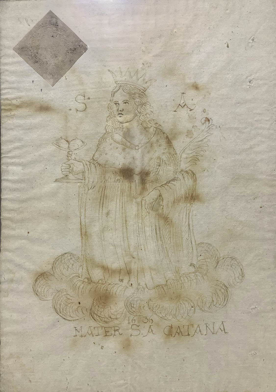 Brown ink drawing on screened paper depicting St. Agatha. Signed Mater S.A. Catania and dated 1636.