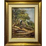 Oil paint on canvas board depicting wooded countryside, Elvira Del Giudice. Cm 30x23.