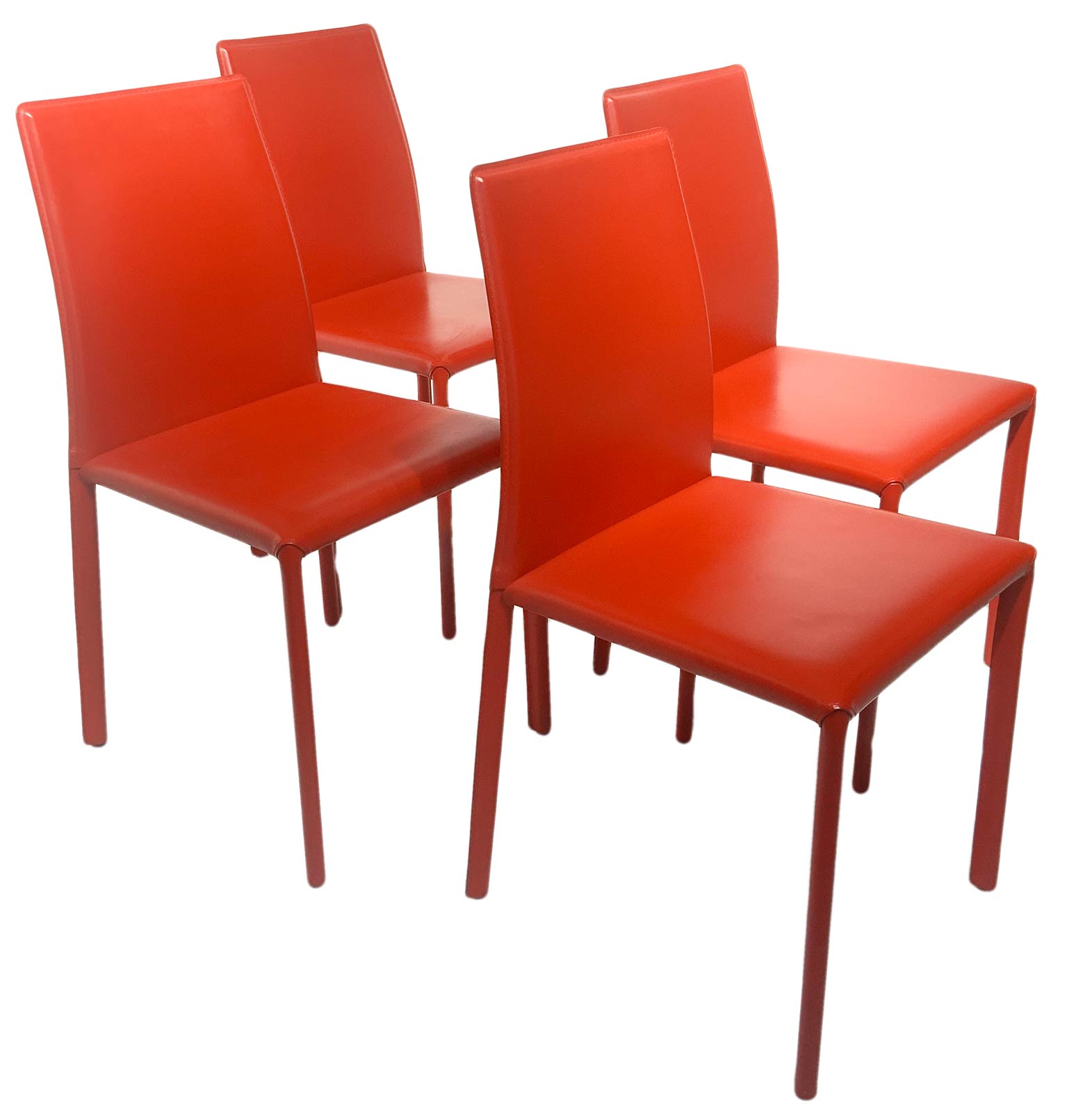 Ranked # 4 chairs with metal frame, covered in leather red, Italian production. - Image 3 of 7