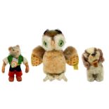 n. 3 Group Steiff plush: dog h 13 cm, owl h 15 cm, cat with boots, 11 h CM, Germany, twentieth