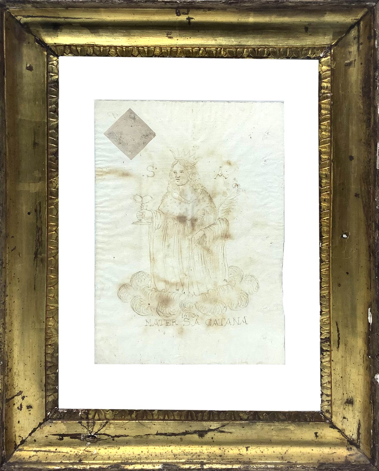 Brown ink drawing on screened paper depicting St. Agatha. Signed Mater S.A. Catania and dated 1636. - Image 2 of 5