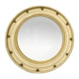 Wooden Mirror circular form in lacquer ivory tones. Golden details and convex mirror, in the