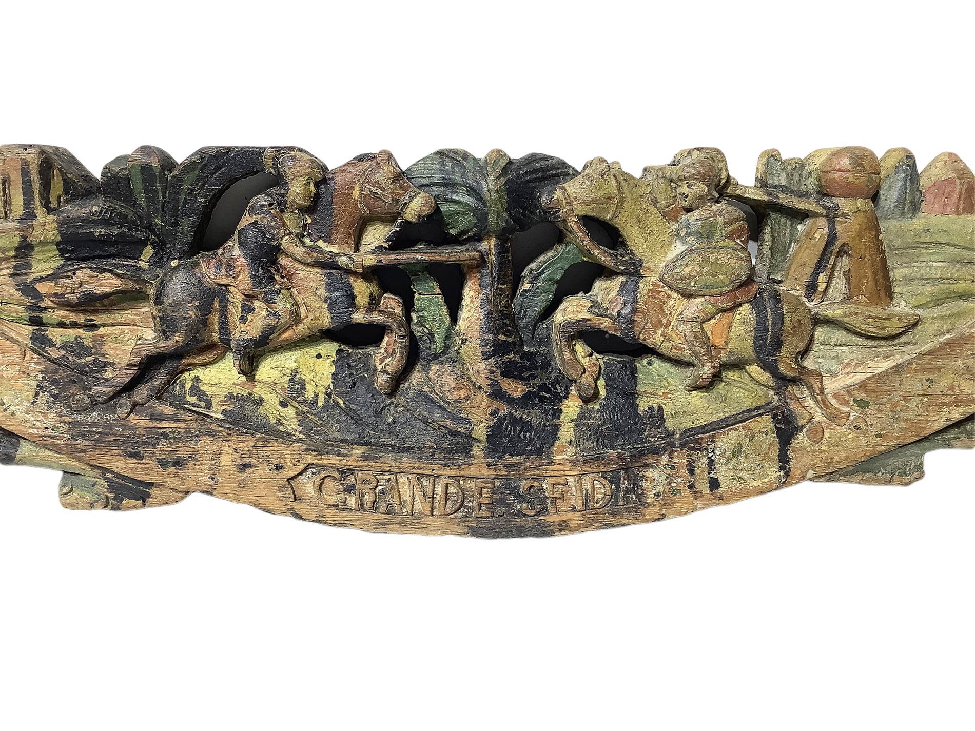 Sculpture of a polychrome Sicilian cart key, big challenge, Sicily, 19th century. Combat between - Image 2 of 4