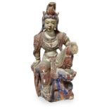 Polychrome wooden sculpture depicting oriental deity sitting, nineteenth century. H 70 cm Base 30