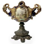 Cup porcelain centerpiece with hand-painted scenery on both sides, nineteenth century. Bronze Base.