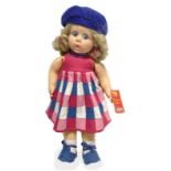 Lenci doll, Turin, Italy, in 1979 -80 c.ca. Handmade pink dress with large squares, blue cap,