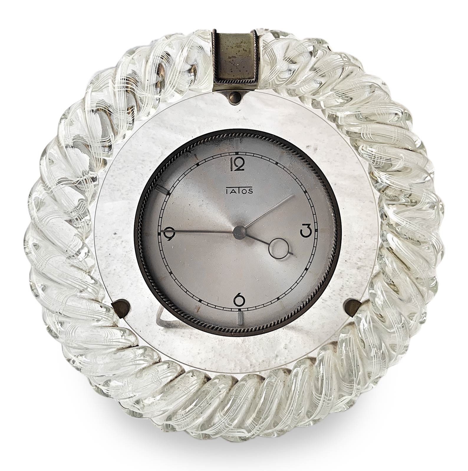 Barovier and Toso, clock with glass structure, processing with inclusions of watermark. Brass