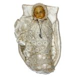 Madonna girl with facial wax, glass eyes, laced dress, Late 18th, early 19th. In the cradle 50 cm