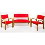 Huges Steiner Style, complete wooden and sky lounge , 50s. Two armchairs and a 2 seater sofa