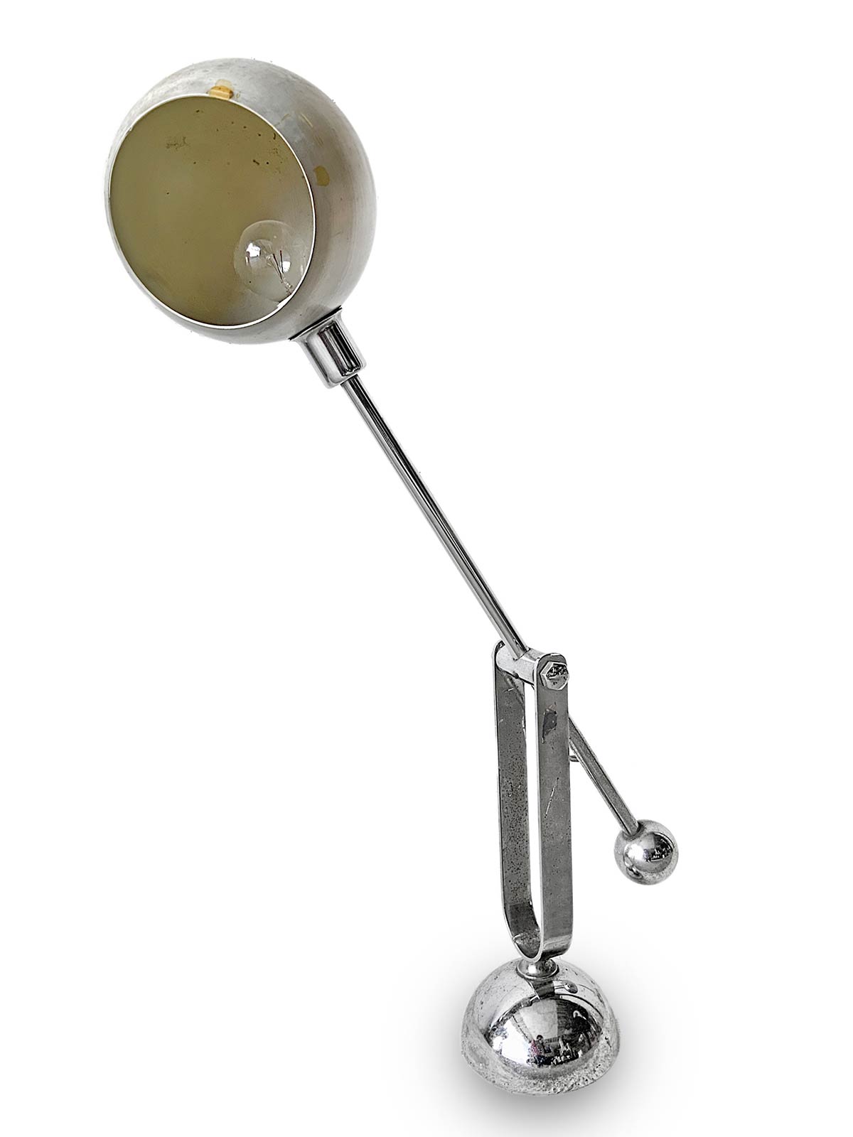 Table lamp, Italian production. Chromed metal spherical diffuser in glazed aluminum. Years 50. Wear