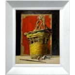 Oil paint on canvas depicting still life with basket. Saro Tricomi (Catania, 1937). Cm 50x40.Signed