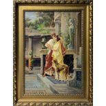 Oil paint on canvas depicting young lovers with greyhound in Pompeii robes, nineteenth