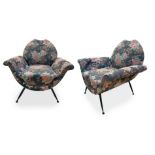 Pair of armchairs, Italian production, Gastone Rinaldi style. Structure in wood, fabric, metal