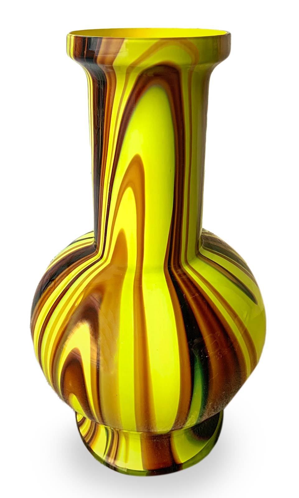 Carlo Moretti, Murano. Variegated glass vase with yellow and shades of brown, spherical body, tall