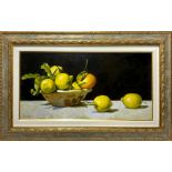 Oil paint on canvas depicting still life of lemons, Saro Tricomi (Catania, 1937). Cm 30x60, oil on