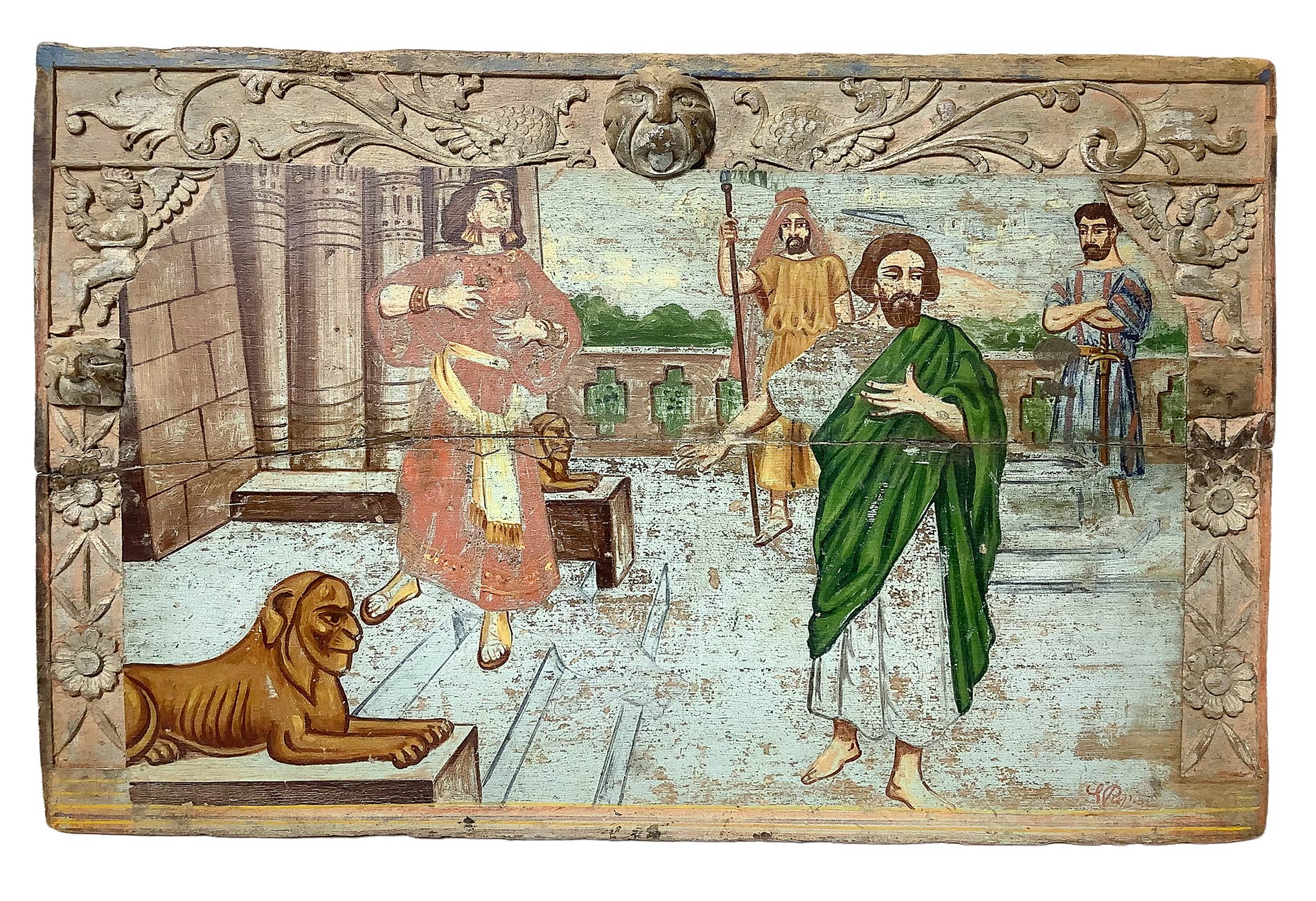 Cart board depicting scene with Sphinx, Moses and Pharaoh, Sicily. Cm 34x54