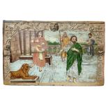 Cart board depicting scene with Sphinx, Moses and Pharaoh, Sicily. Cm 34x54