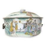 Tureen ceramic with metal handles, China, early twentieth century. Depicting genre scenes and