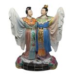 Chinese statue white body with polychrome decoration depicting two lovers dressed in traditional