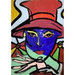 Acrylic on paper Woman with Hat, Luciano Castelli (1951, Lucerne, Switzerland). Cm 71x51.Signed on