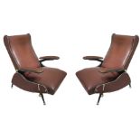 Mascagni. 1950s. Pair of armchairs in lacquered metal structure, upholstered in sky, brass details.