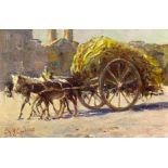 Oil paint on canvas depicting donkeys and wagon, Elvira Del Giudice. Cm 10x14. Signed on the lower