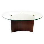 Coffee table with structure in bent plywood covered with glass top rosewood, Wear and tear. 60s Cm