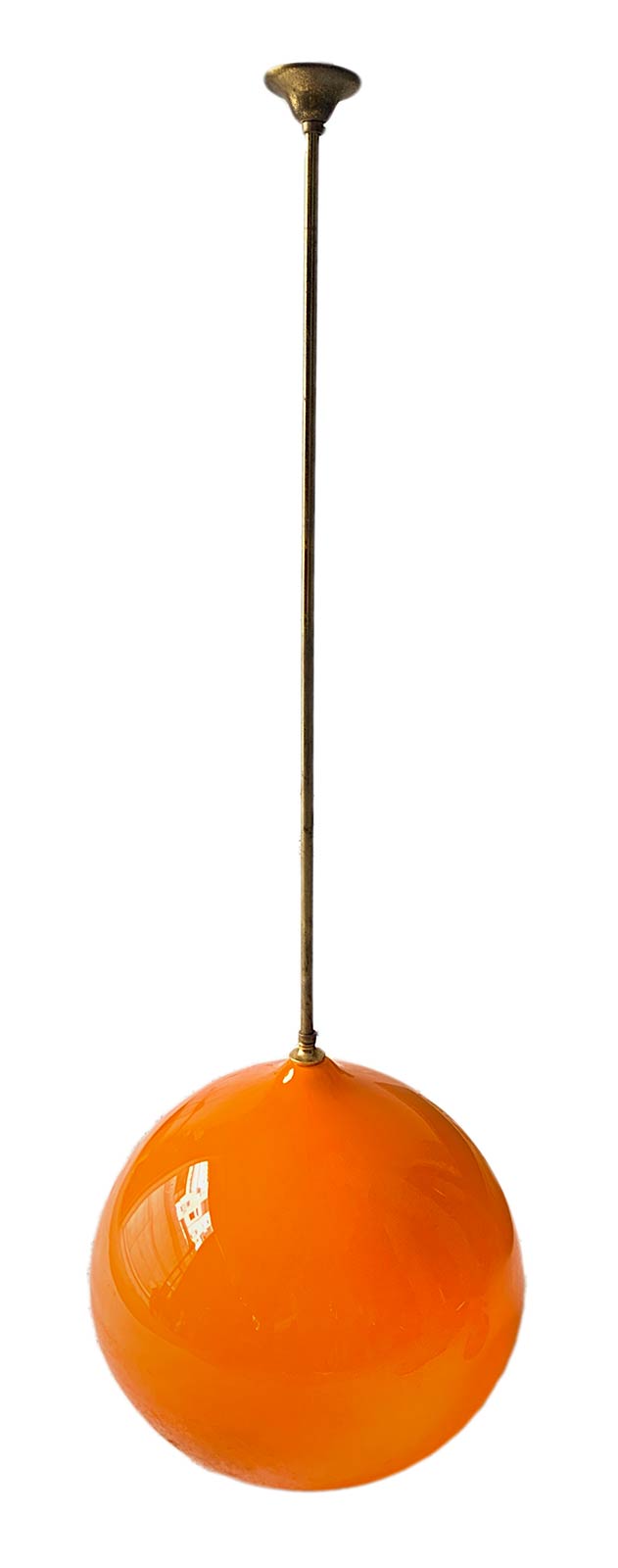 Vistosi, Murano, drawing A. Pianon pendant lamp glass orange incaminciato, spherical shape brass