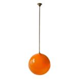 Vistosi, Murano, drawing A. Pianon pendant lamp glass orange incaminciato, spherical shape brass